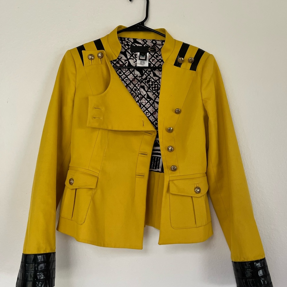 Just Cavalli Military Jacket Yellow Leather Trim Designer Blazer Italy Size 6 - Picture 14 of 15